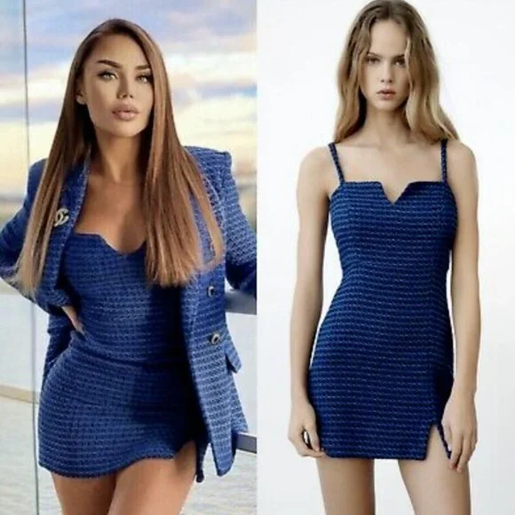 Zara | Dresses | Zara New Textured Weave Tank Dress Mini Blue Spaghetti  Strap 88446 Xs S | Poshmark